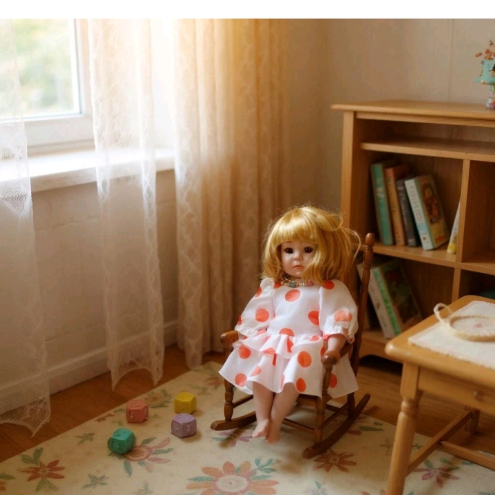 MARIAN YU PORCELAIN DOLL 15" LENGTH Polka Dot Dress Doll with Blonde Hair - Picture 9 of 9